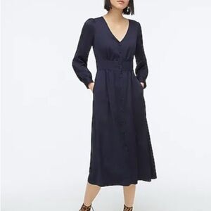 J Crew Satin Navy Long Sleeve Midi Dress Button Down Holiday Elegant